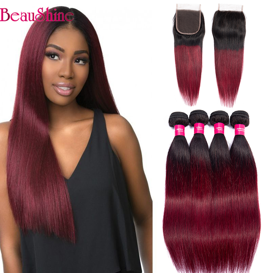 

Ombre 1b/99j Brazilian Straight Hair Bundles With Lace Closure 1b Burgundy Lace Closure With Human Hair Extensions, Middle part