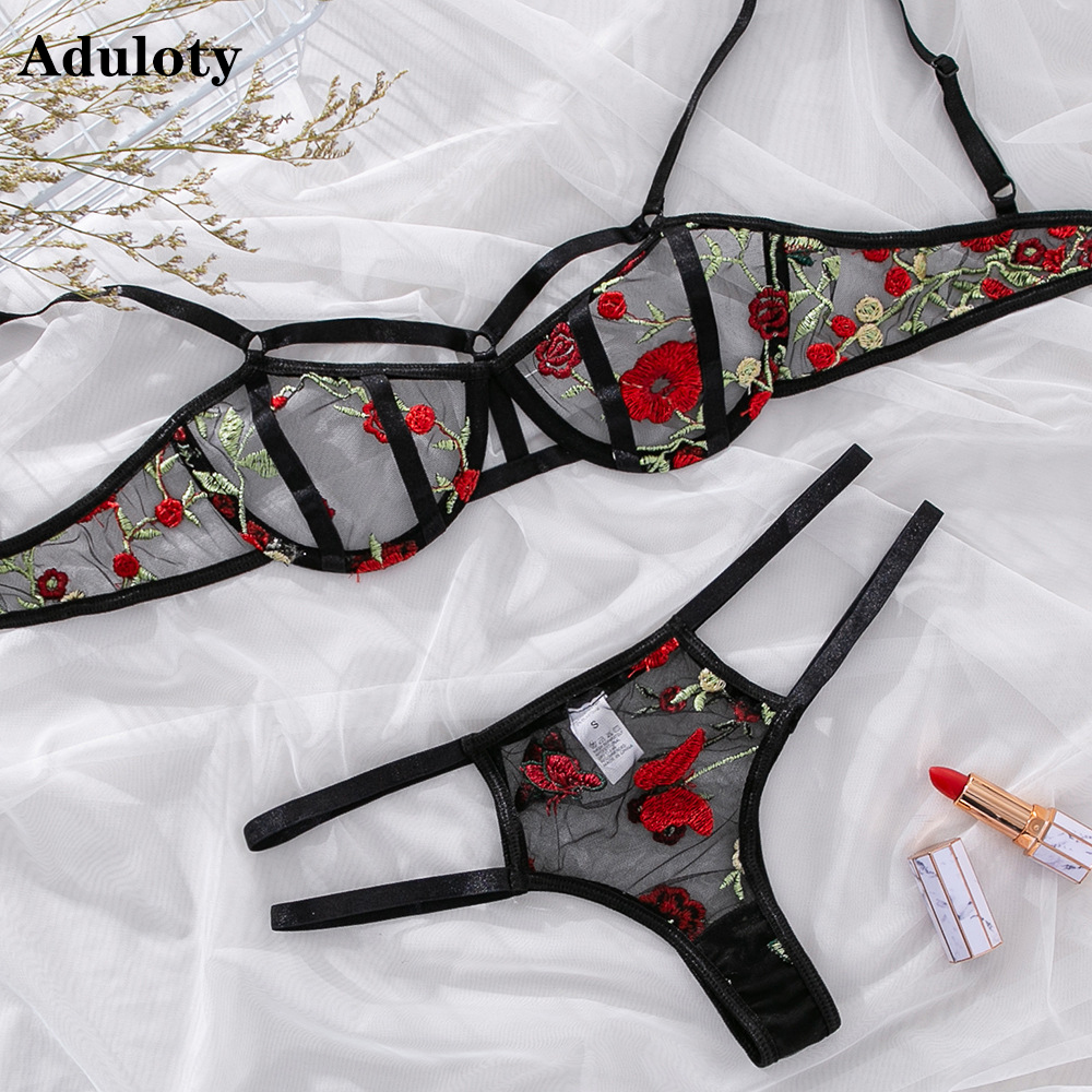 

New Sexy Bras Lace mesh yarn flower embroidered underwear Set Fashion Push Up Bra Panties sets Brassiere Lace Women Lingerie Set, Red