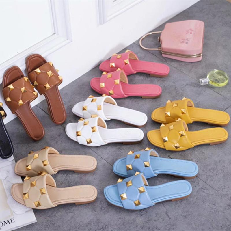 

Luxury High Quality Brand Shoes Women V Summer Flats Outdoor Slippers Open-Toes Rivet Decorate Beach, Black
