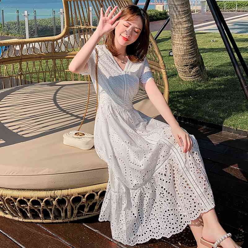 

Women Spring Summer Cotton Dresses Elegant Pleated Long White Sexy V Neck Lace Dress Vestidos 210520, Photo color