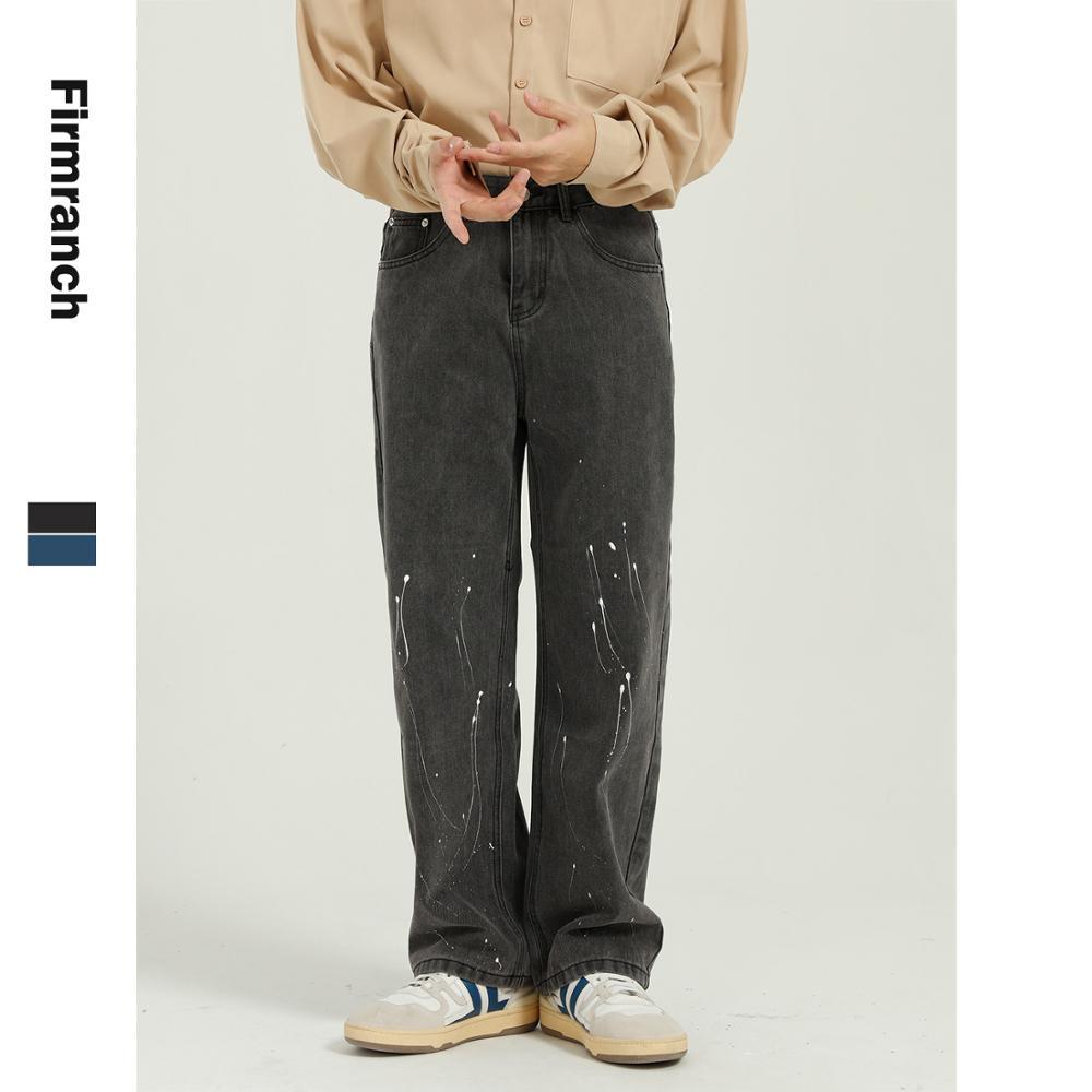 

Firmranch Fall Winter Men/Women Retro 90s Straight Leg Denim Pants Vintage White Paint Design Sense Loose Jeans Male, Black