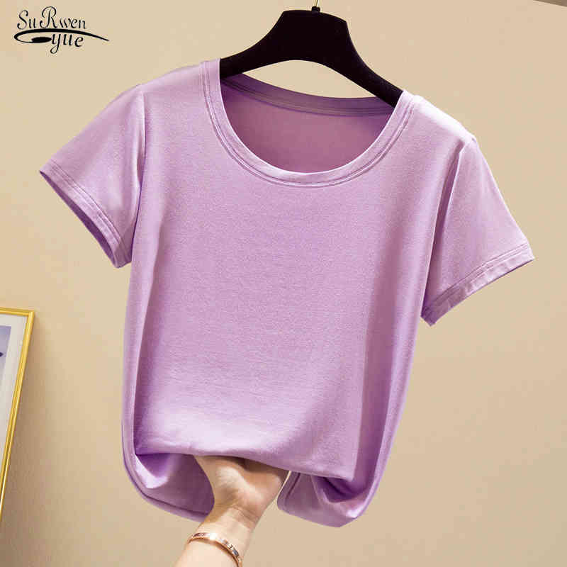 

Summer Tshirts Women Tees Fashion Solid 9 Colors Modal T-shirt Round Collar Casual Short Sleeve Shirts Tops Blusas 13461 210521, Purple