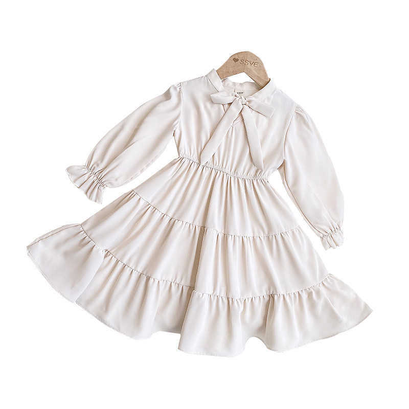 

3-7 years High Quality Spring Girl Dress Fashion Chiffon Solid Draped Ruched Kid Children Clothing Princess 210615, Ivory