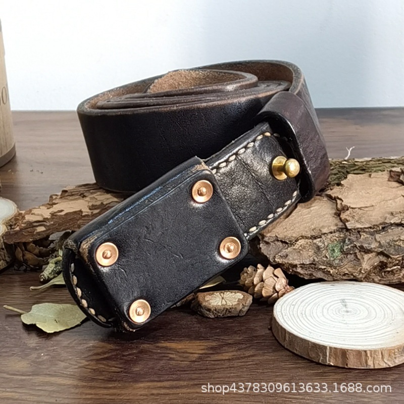 

3.8cm wide thickened cowhide belt men's fashion retro old leather pants size 2, Black