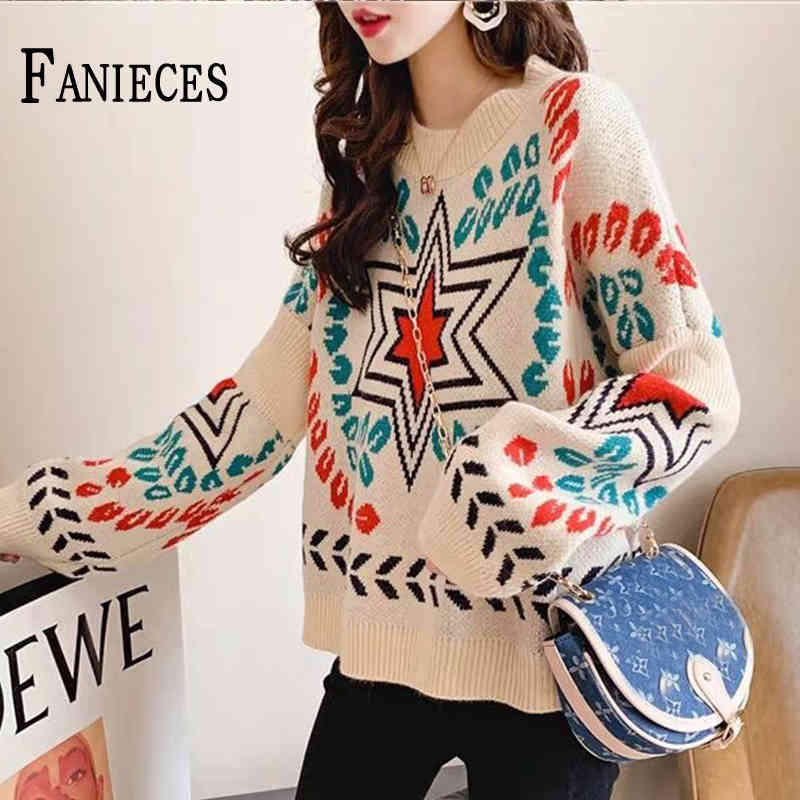 

ins National wind short long sleeve pullover women's autumn winter loose knit sweater Fashion casual knitting tops 210520, Navy blue