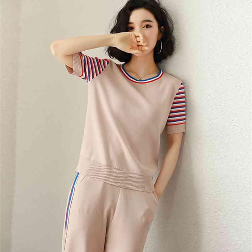 

Fashion Women's Knitted Suit Summer Ice Silk Leisure Sports Loose Wide Leg Pants Two-piece Set 210520, Suit picture color