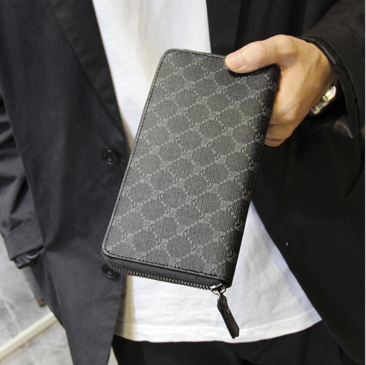 

Factory wholesale men leather shoulder bags street trend printing long wallet simple Joker stripe storage coin purse single zipper fashion plaid clutch bag, Black4(boutique box)