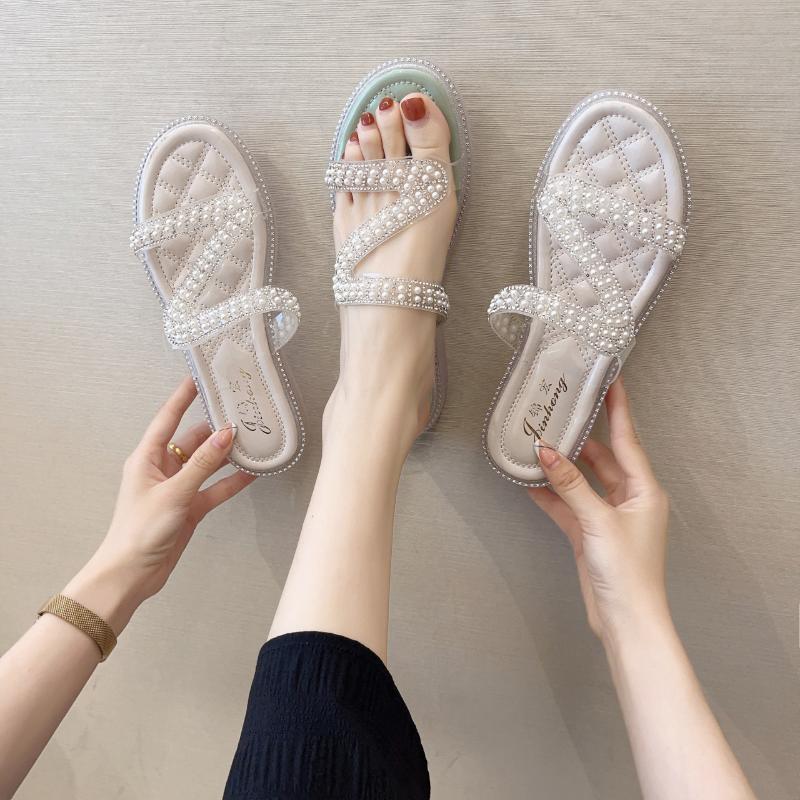 

Sandals Flat Summer Fairy Style Soft Bottom Thick Rhinestone For External Wear, Black