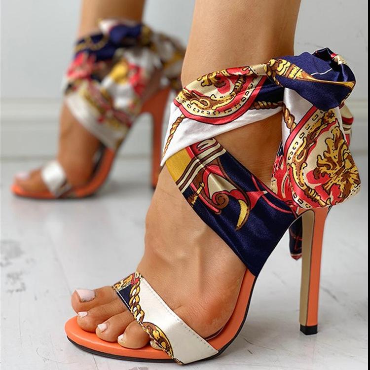 

Sexy Women Silk High Heel Party Shoes Fashion Ladies Open Toe Thick With Heels Sandal Cross Lace Printing Women's Sandals, Orange