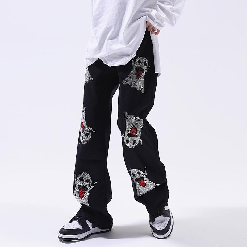 

Men's Jeans Rhinestone Funny Animals Print Straight Pants Mens Vibe Style Retro Streetwear Casual Oversized Denim Trousers, Black