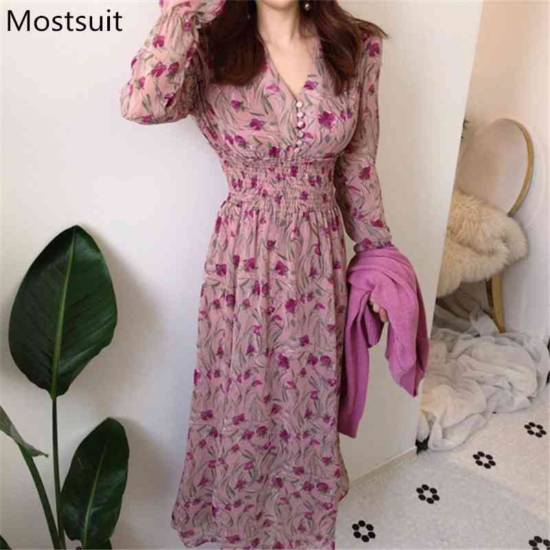 

Spring Printed Korean Chic Long Maxi Dress Women Sleeve V-neck High Waist Buttons Fashion Casual Dresses Vestidos 210518, Black