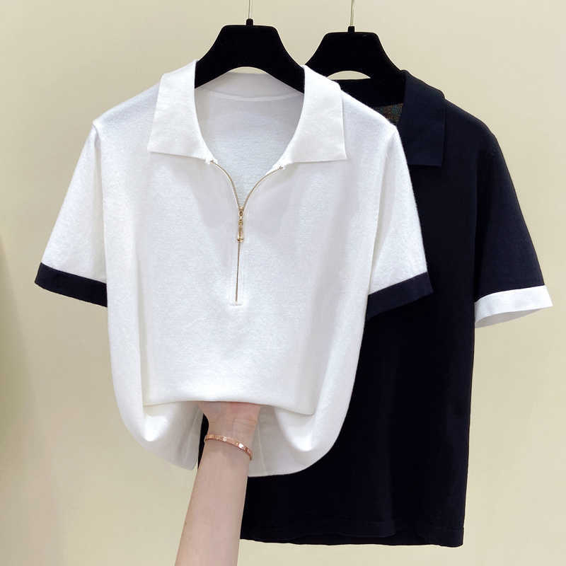 

Casual Zipper Sweater Women V neck Solid Summer Female Knitted Sweater Pullovers short Sleeve Chic Soft Jumper Tops Sexy 210604, Black