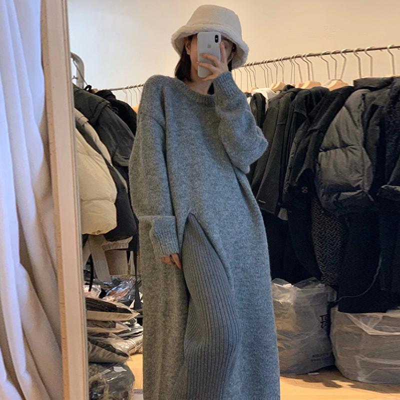 

Casual Dresses All-match Autumn Lazy Loose Jumpers Pullovers Round Grey Sweater Dress Long Maxi Side Split White Knitted Vestido Mujer, Black;gray