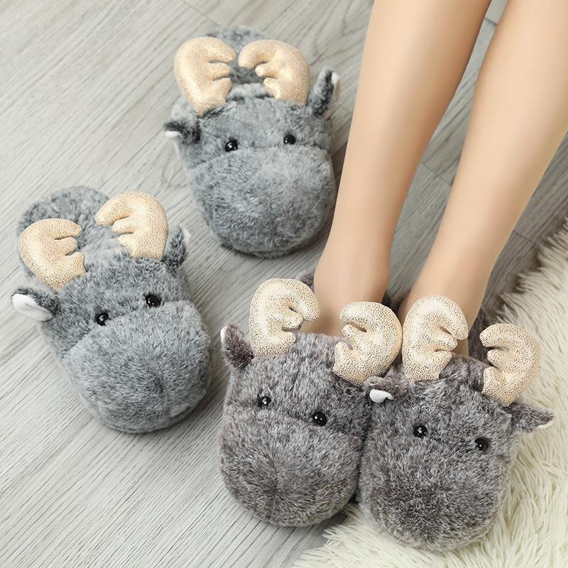 

Women's Slippers Warm Home In Winter Plush Lovely Elk Indoor Shoes Casual Loversmen'sflatshoes, Black