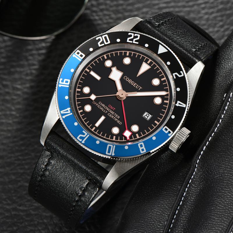 Corgeut Luxury Top Brand Schwarz Bay GMT Men Automatic Mechanical Watch Military Sport Swim Clock Leather Wrist Wristwatches-image-696772132
