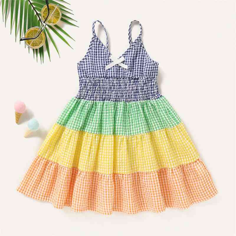 

Children's summer new girl's dress color Plaid stitched skirt, Red;yellow