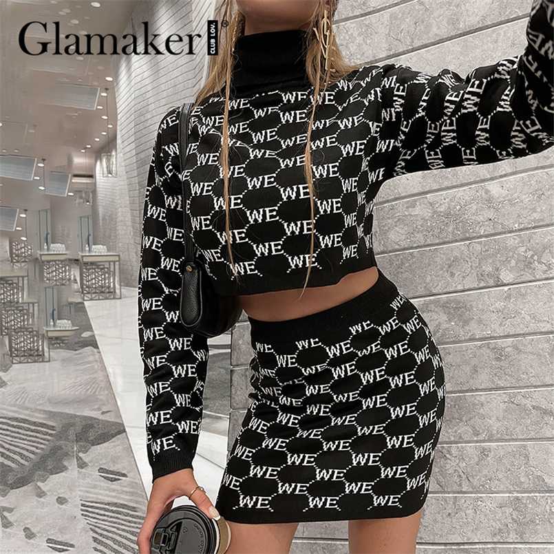 

Glamaker Elegant Turtleneck pullover skirts suit dresses Women warm sweaters and skirts letter knitwear fashion chic co ord set 211108, Black