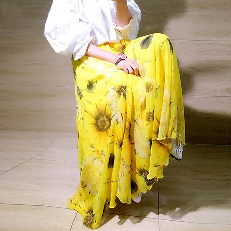 

Casual Dresses Women's Fashion Flower Prints Chiffon Long Skirt Summer Ladies High Waist Pleated 3 Layers Floral Skirts Saias SK77, Yellow