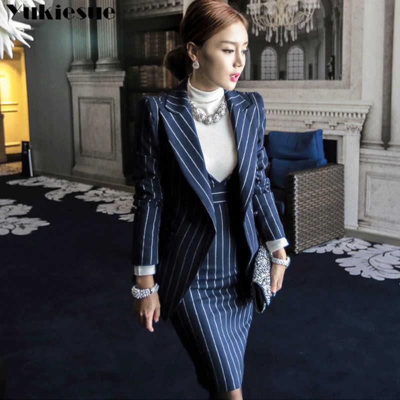 

OL Work Striped Office Lady Dress Suits 2 Two Piece Sets Elegant Women Blazer Jacket + Fashion Sheath Dresses Femme tracksuit 210608, Dark blue