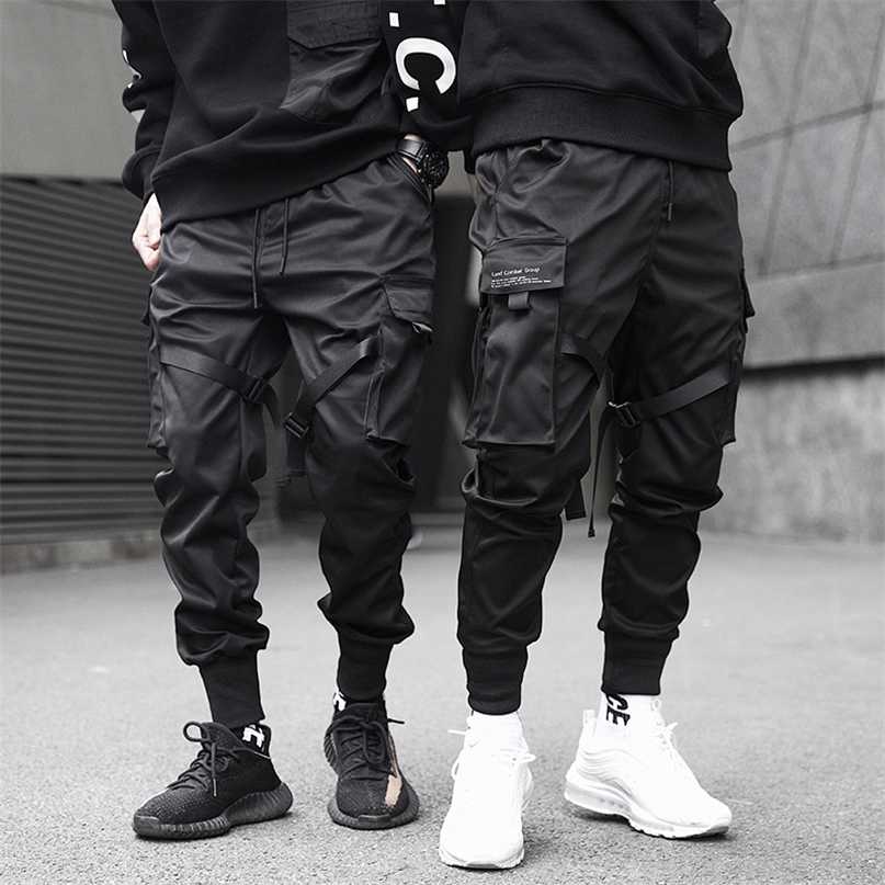 

Men Cargo Pants Black Ribbons Block Multi-Pocket Harem Joggers Harajuku Sweatpant Hip Hop Casual Male Trousers 211110, K7021