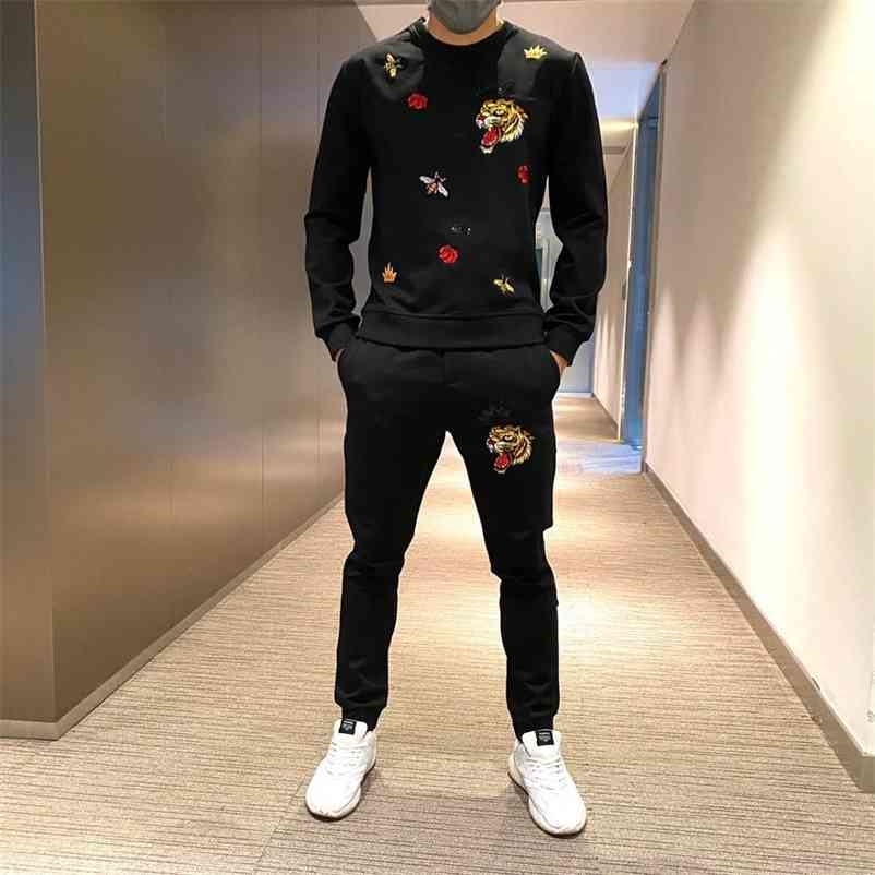 

heavy craft embroidered men's 100% cotton Tracksuit hoodie+casual trousers brand 2 high quality sweatshirt sets 210722, As shown asian size