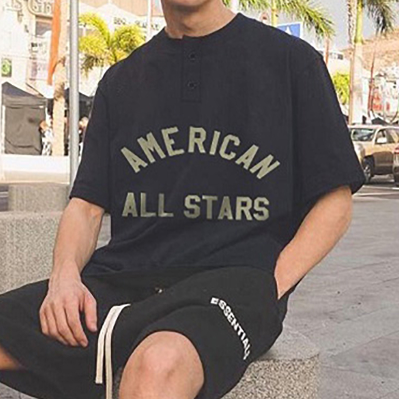 

7th Collection All Star Henley Tee Seventh T-shirts Casual Short Sleeves Cotton T Shirts Men Women Hip Hop Streetwear MG210033, Black
