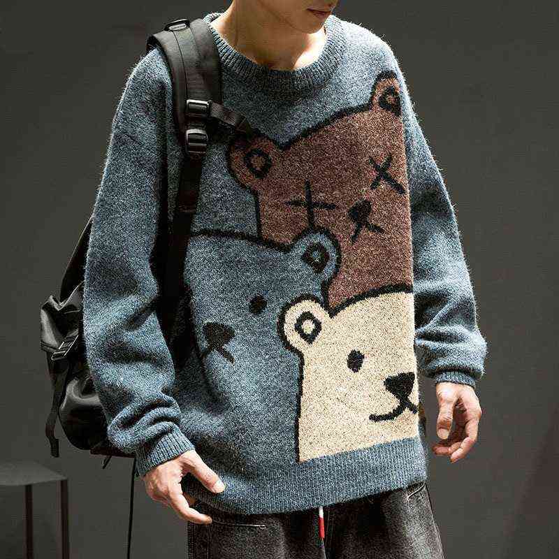 

Cartoon Bear Sweater Men Winter Clothing Fashion Long Sleeve Knitted Pullover Oversized 2020 New Cotton Coat