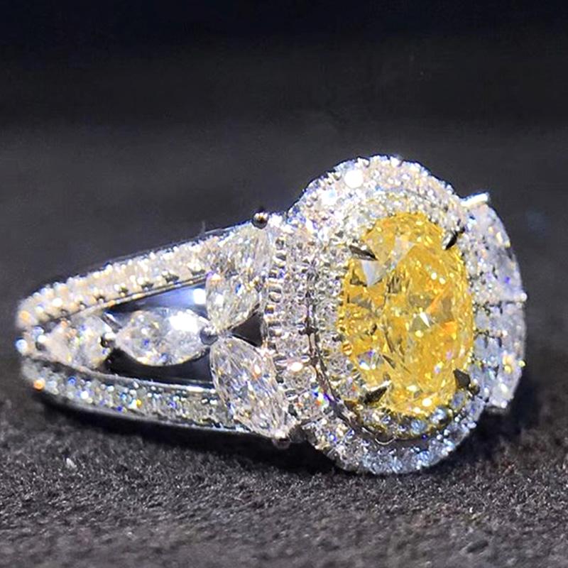 

Cluster Rings Huitan Luxury Silver Color Fancy Yellow CZ For Women Wedding Ceremony Party Birthday Gift Brilliant Cubic Zirconia Jewelry, Golden;silver