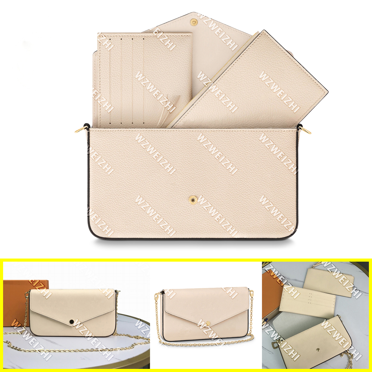 

Top Quality Genuine Leather Chain Bag Handbags Letter printing Messenger Handbag Wallet Womens Shoulder Bags Summer 3in1 Cross Body Purse Vanilla yellow With Box, Sky blue
