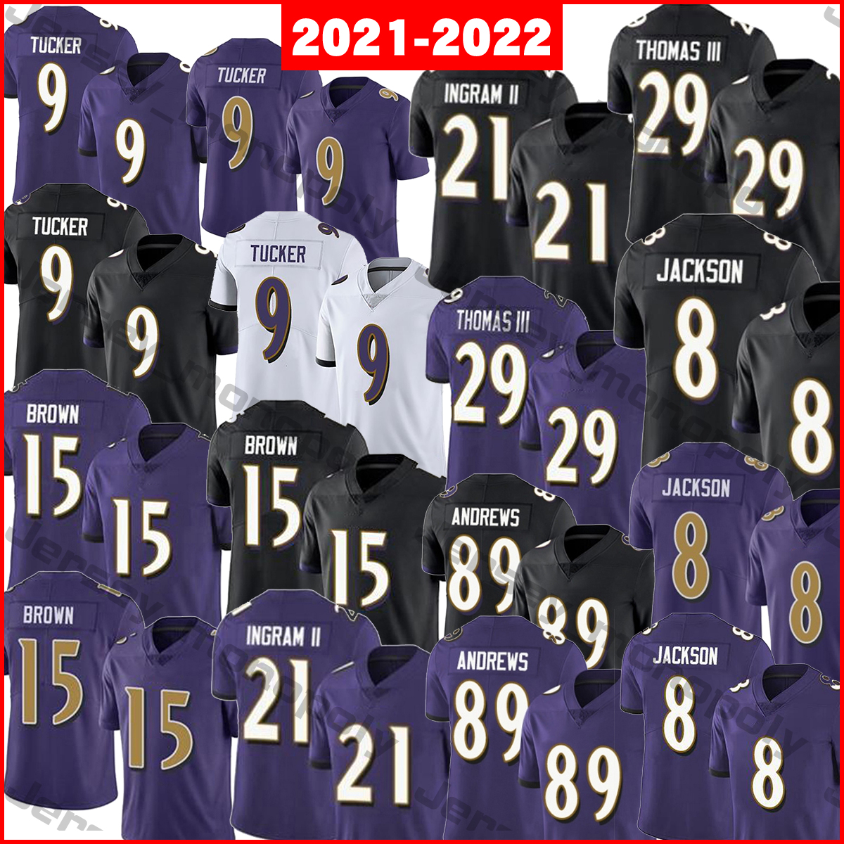 

2021-2022 Football Jersey 8 Jackson 9 Justin Tucker 89 Mark Andrews 15 Marquise Brown 21 Mark Ingram II 29 Earl Thomas III, As