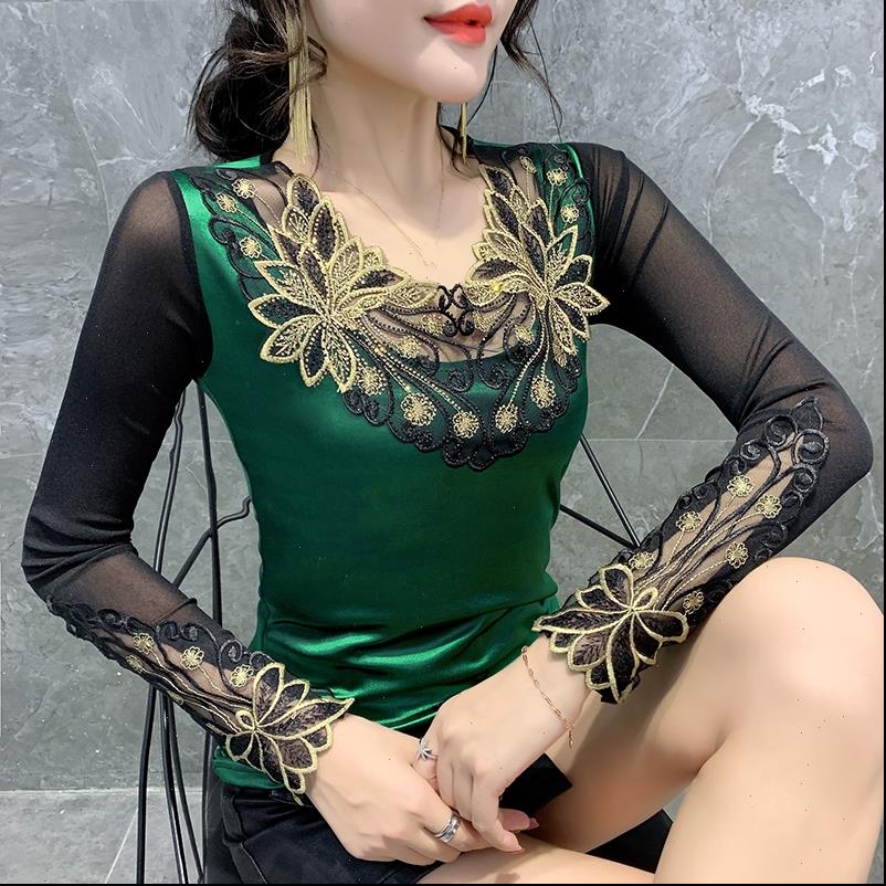 

european women t shirt fashion patchwork embroidery diamonds tshirt autumn winter mesh transparen camiseta mujer t90205, White
