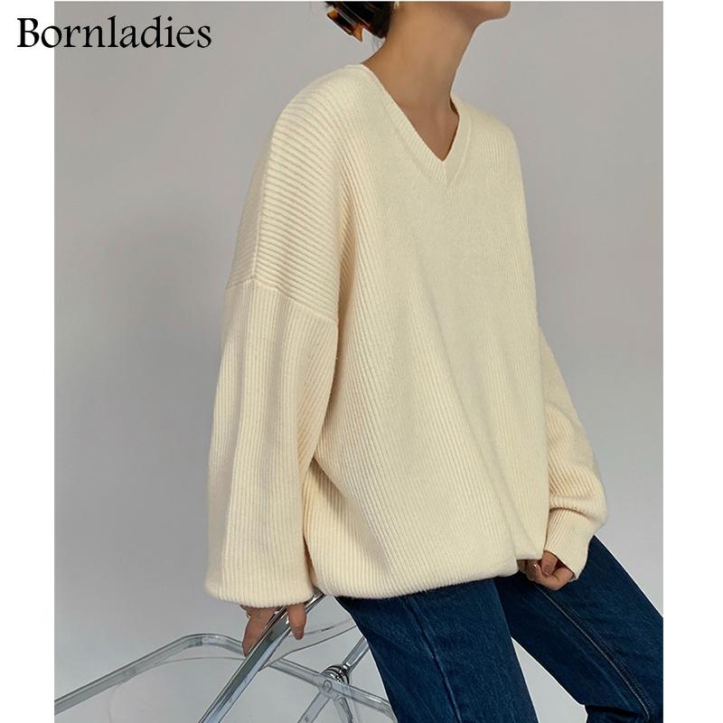 

Women's Sweaters Bornladies 2022 Autumn Winter Loose Pullover Basic Warm Sweater For Women Soft Kniited Korean V Neck Fashion Pull, White;black