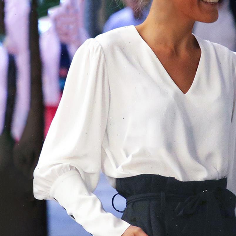 

Womens Blouses Spring Women Chiffon V Neck Blouse Shirts Puff Sleeve Button Summer Lady Shirt Top Female Office Tops, White