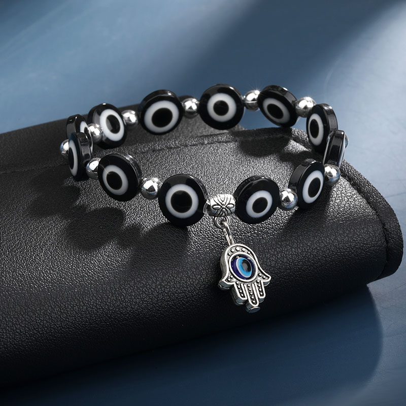 

Lucky Fatima Hamsa Hand Evil Blue Eye Strand Charm Bracelets & Bangles Beads Turkish Pulseras For Women Jewelry Wholesale, Black