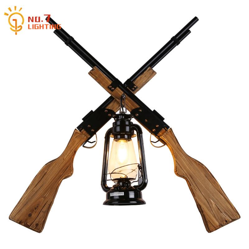 

American Retro Industrial Sguns Wall Lamp Solid Wood Led E27 Decorative Mounted Home Decor Loft Bar Living Room Coffee