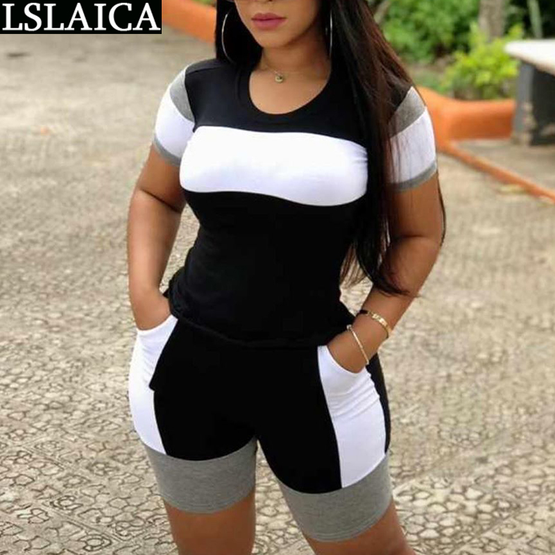 

Plus Size Women Clothing Sets Short Sleeve Tshirt Pants Colorblock 's Summer Suits Fitness Running Knitted 2 Pc 210520, Gray