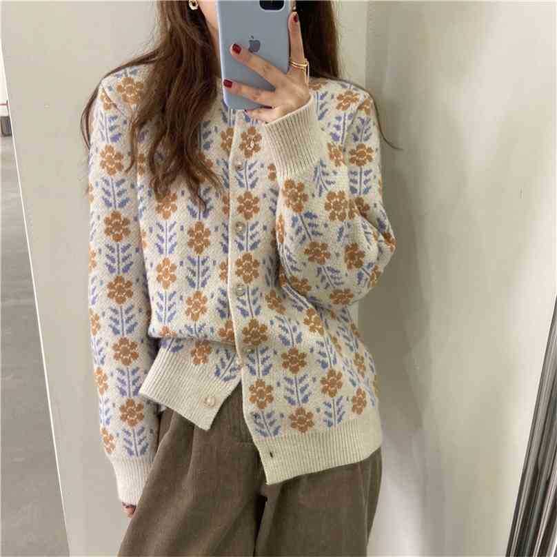 

Fashion Spring Sweaters Cardigans Streetwear High Quality Retro Elegance Chic Floral Loose Women Warm Tops Clothe 210525, Apricot