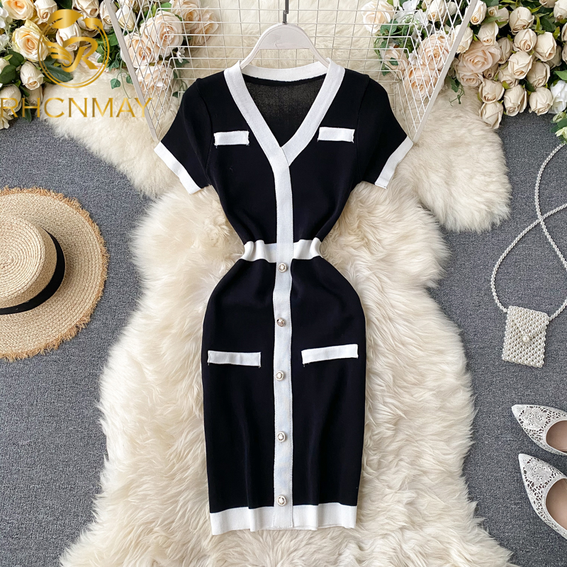 

new fashion style elegant v neck buttons ladies dress summer short sleeve women knit bodycon dress work wear office dressswimwear bathing su, Black;gray