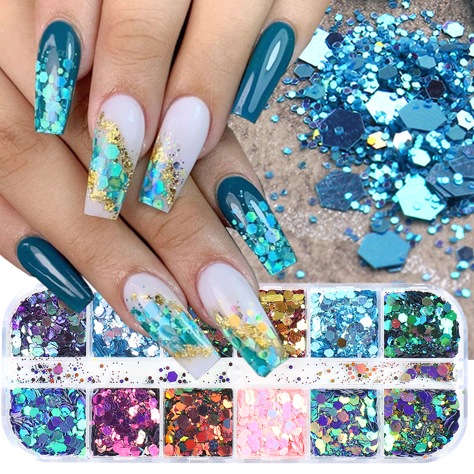 

12 Grid Nail Mermaid Glitter Hexagon Chameleon Sparkle Spangle Nail Art Sequin Paillette Polish Flake Manicure Decoration