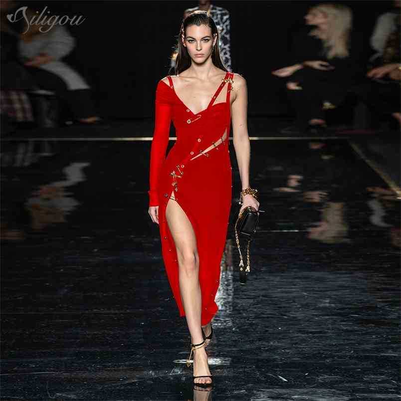 

High Quality Red Black One Shoulder Open Fork Rayon Bandage Dress Fashion Stitch Split Design Sexy Party 210525