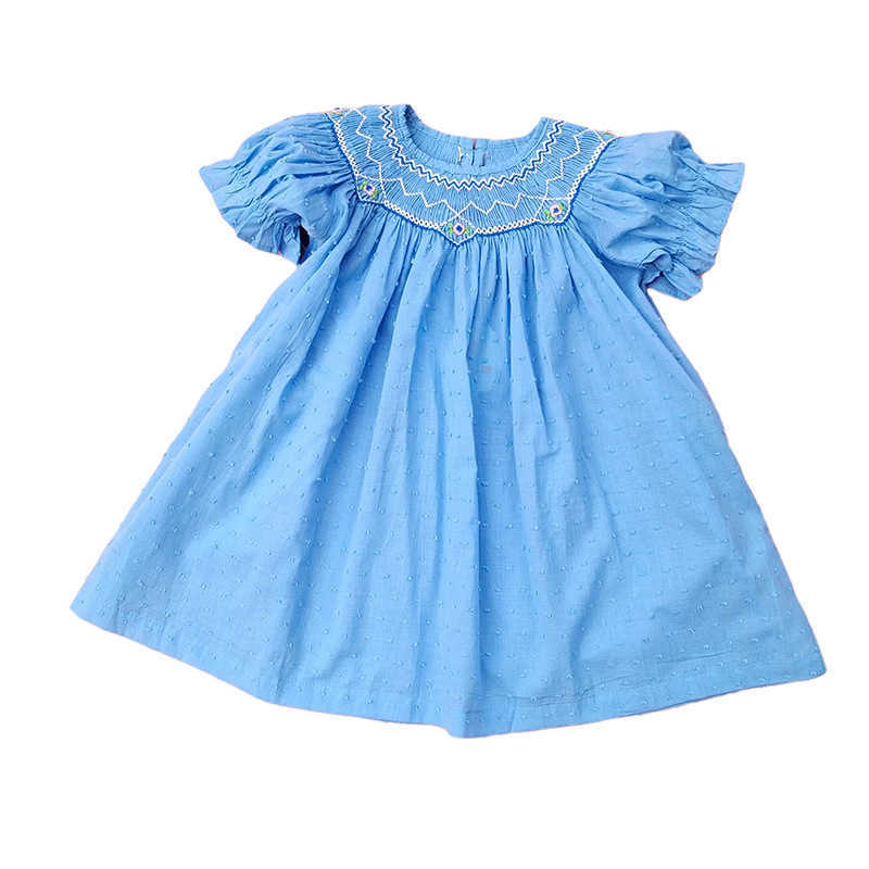 

Cekcya Girls Handmade Smock Embroidery Blue Dress Baby Smocking Frocks Infant Peter Pan Collar Dresses Kids Boutique Clothes 210615, White