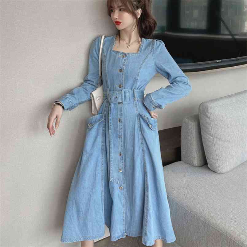 

Spring Women Denim Long Sleeve Square Collar Single-Breasted Blue Fashion Pocket Jeans Midi Dress With Belt 210519, Photo color