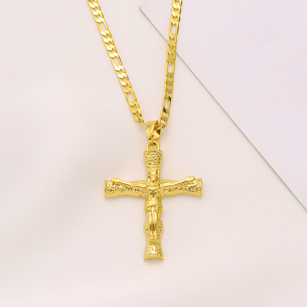 Collier chaîne à maillons Figaro italien 24 "Jésus Crucifix Croix Pendentif Or Massif 18k GF 3mm Femme Homme