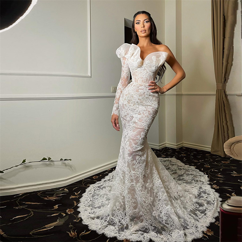 

Elegant White Mermaid Wedding Dresses Lace Appliques One Shoulder Bridal Gown Floor Length Custom Made Graceful Robes De Mariée, Same as image