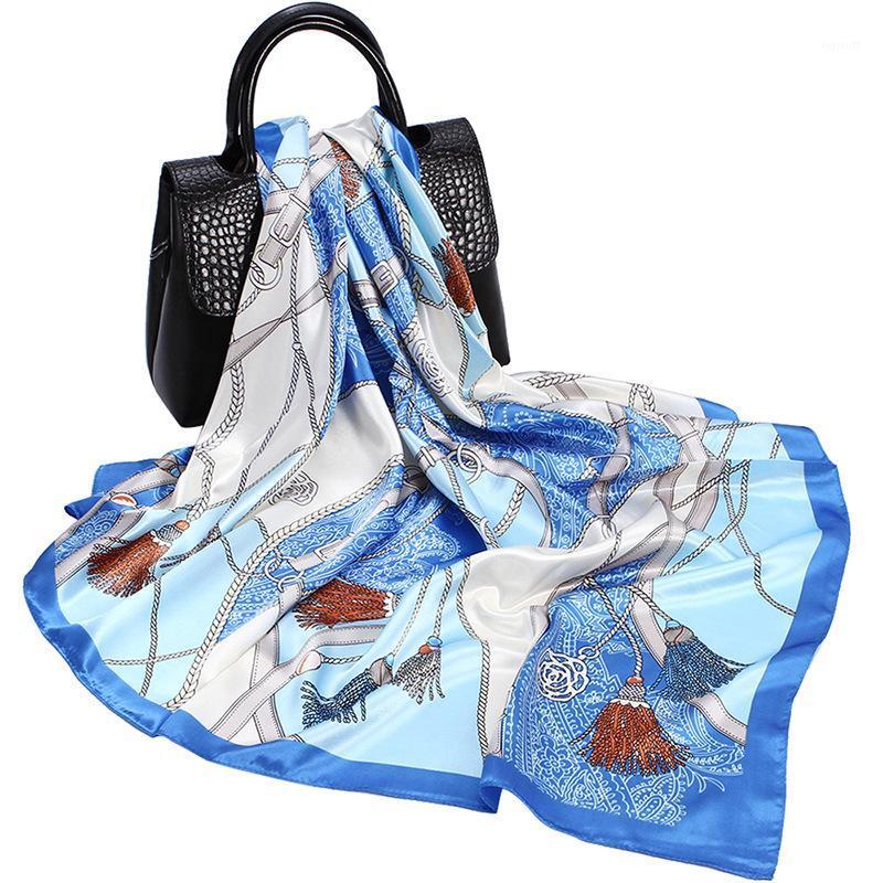 

Scarves Women Fashion Square Scarf Imitate Silk Satin Shawl Hijab Tassel Print Kerchief Bandana Head Neck Hair Turban 90x90cm, Blue;gray
