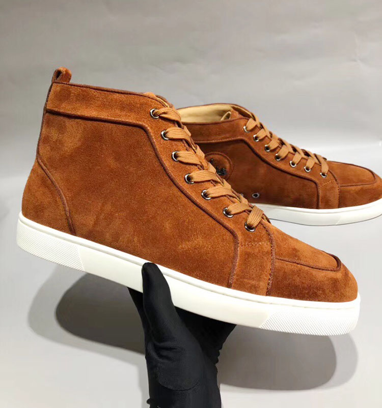 

Brown Suede Leather Designer Casual Shoes Sneakers Flat Perfect Quality High Top Red Bottom Luxury Women