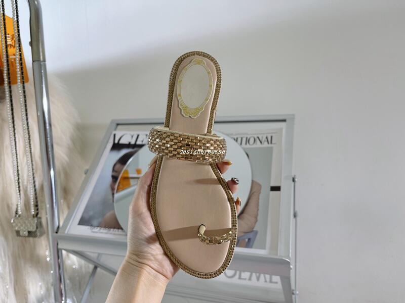

Designer Slippers women sandals RC Flip Flops ladies luxury fashion slipper lady summer beach causal shoes flat suede crystal Slides strass flattie, Gold