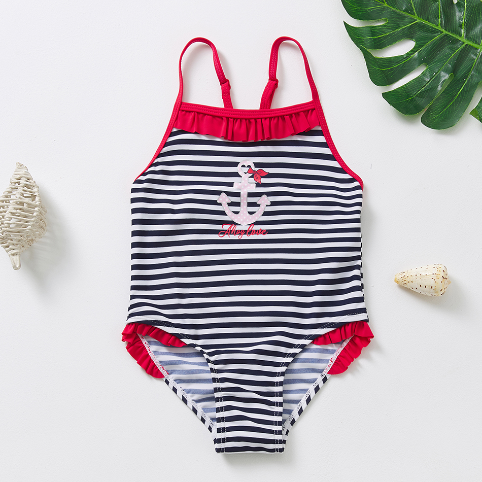 

2021 New Girls Swimsuit 3-10 Years Striped Swimwear Heart One Piece Children Ruffle Style Bathing Suit One Piece Beachwear 1107Free shipping