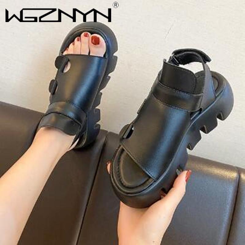 

Sandals 2021 Summer Outdoor Shoes Thick Bottom Flat Platform For Women Genuine PU Leather Fashion Wedges Peep Toe, Black