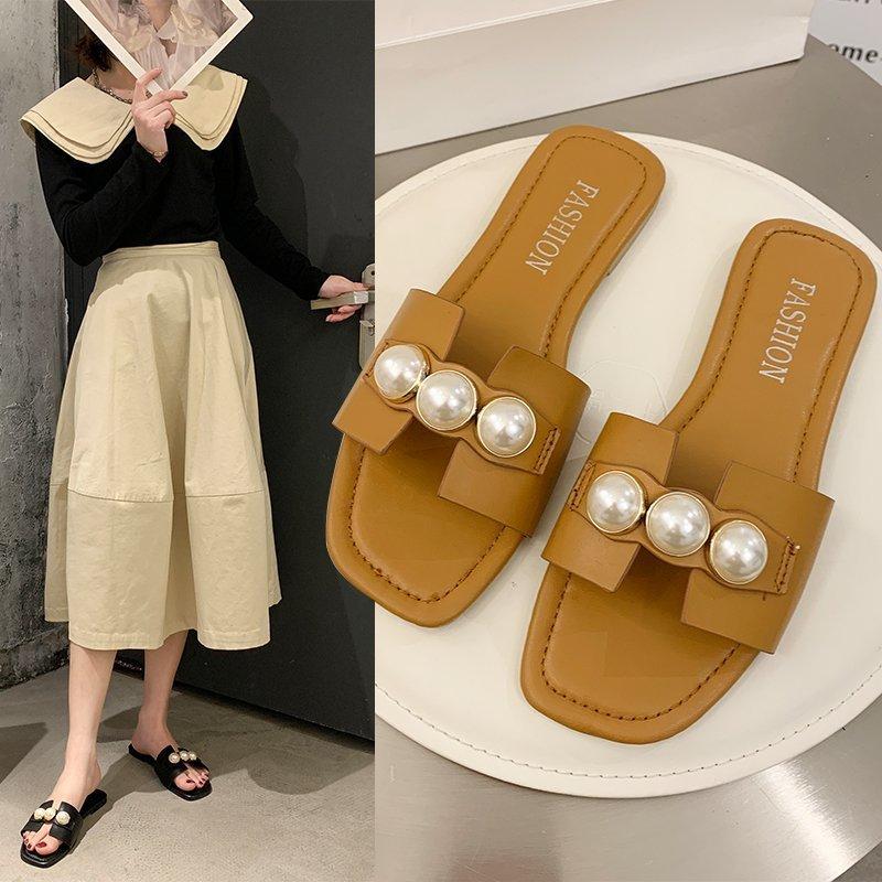 

Slippers Sandals Women Outside Summer Slides Fashion String Bead Solid Low (1cm-3cm) Square Heel Comfortable Casual High Quality PU, Black